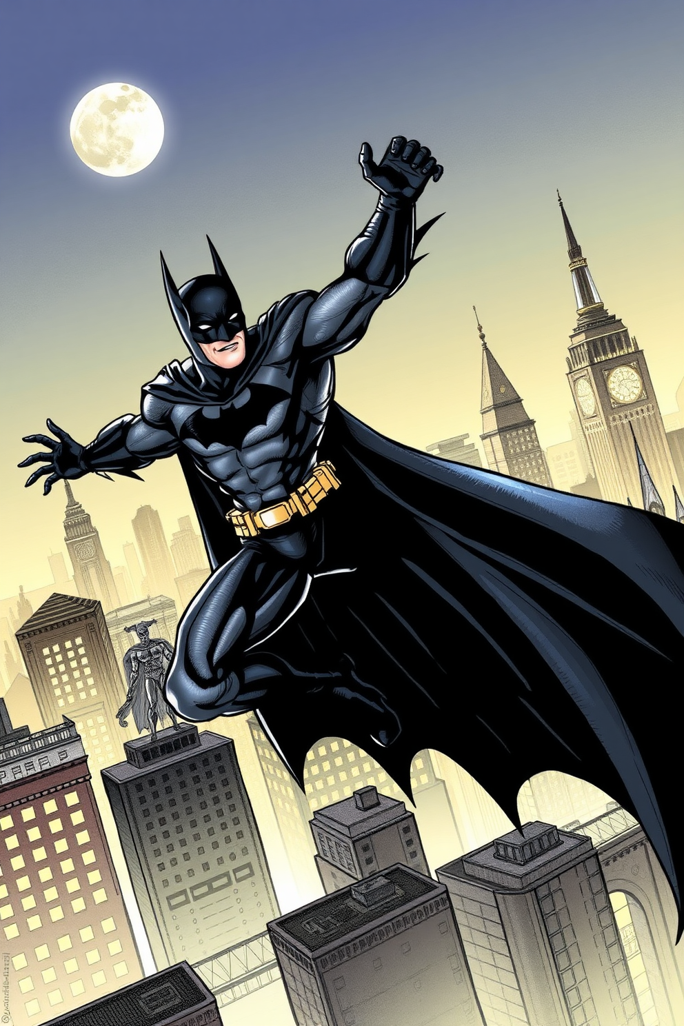 Batman Flying Over the City Drawing