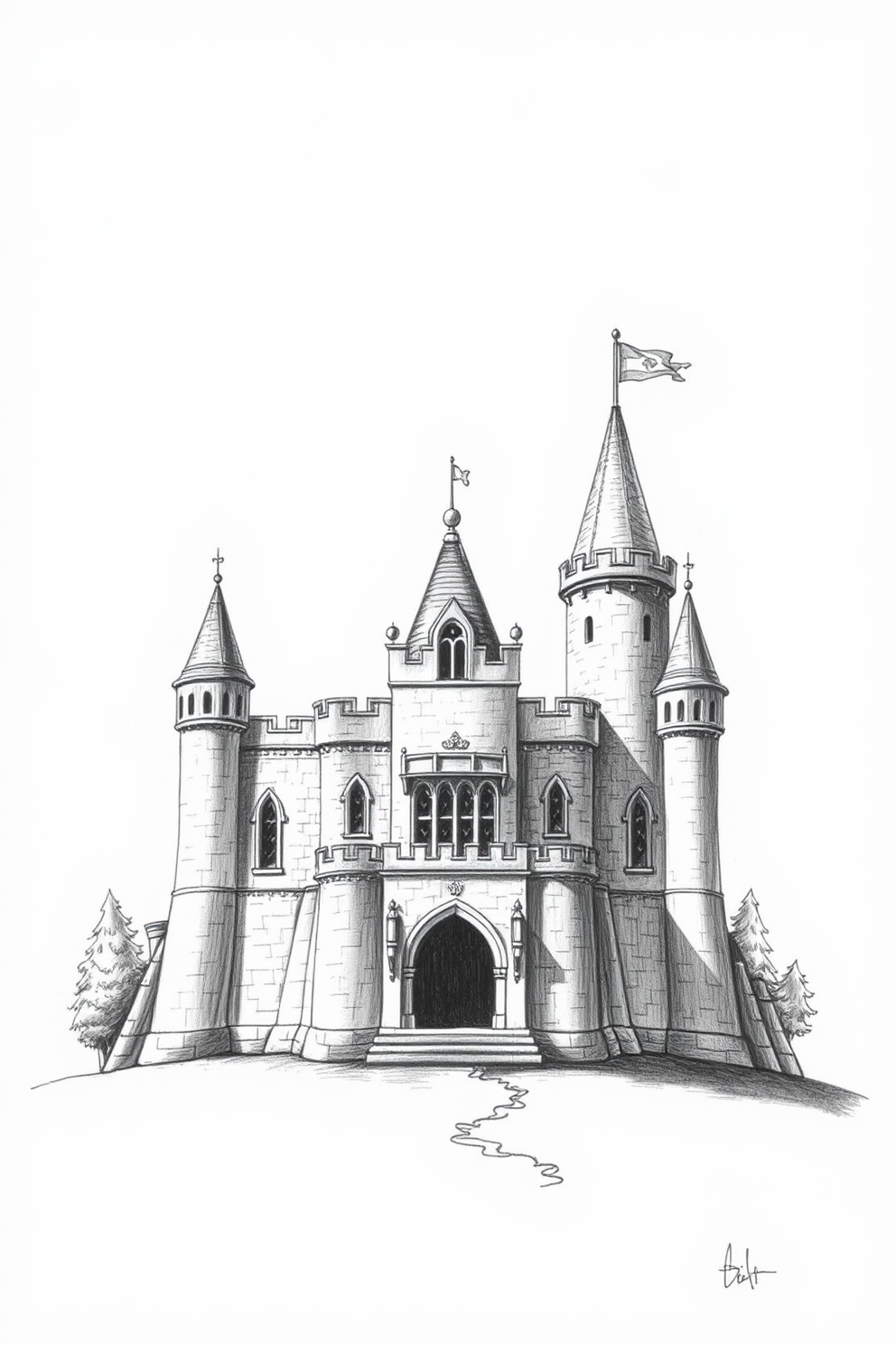 Black and White Castle Drawing