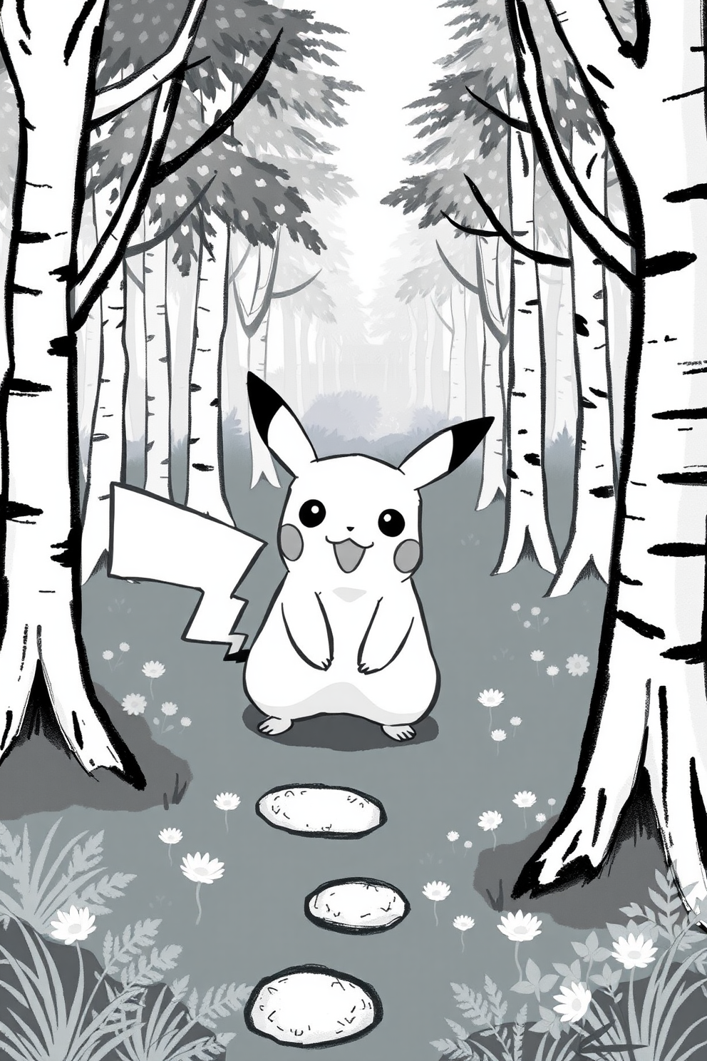 Black and White Pikachu in a Forest Drawing