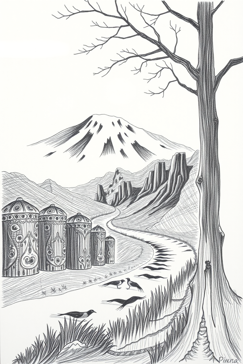 Black and White Scenery Drawing