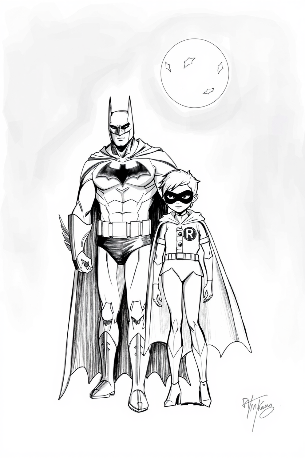 Black and White Sketch of Batman and Robin