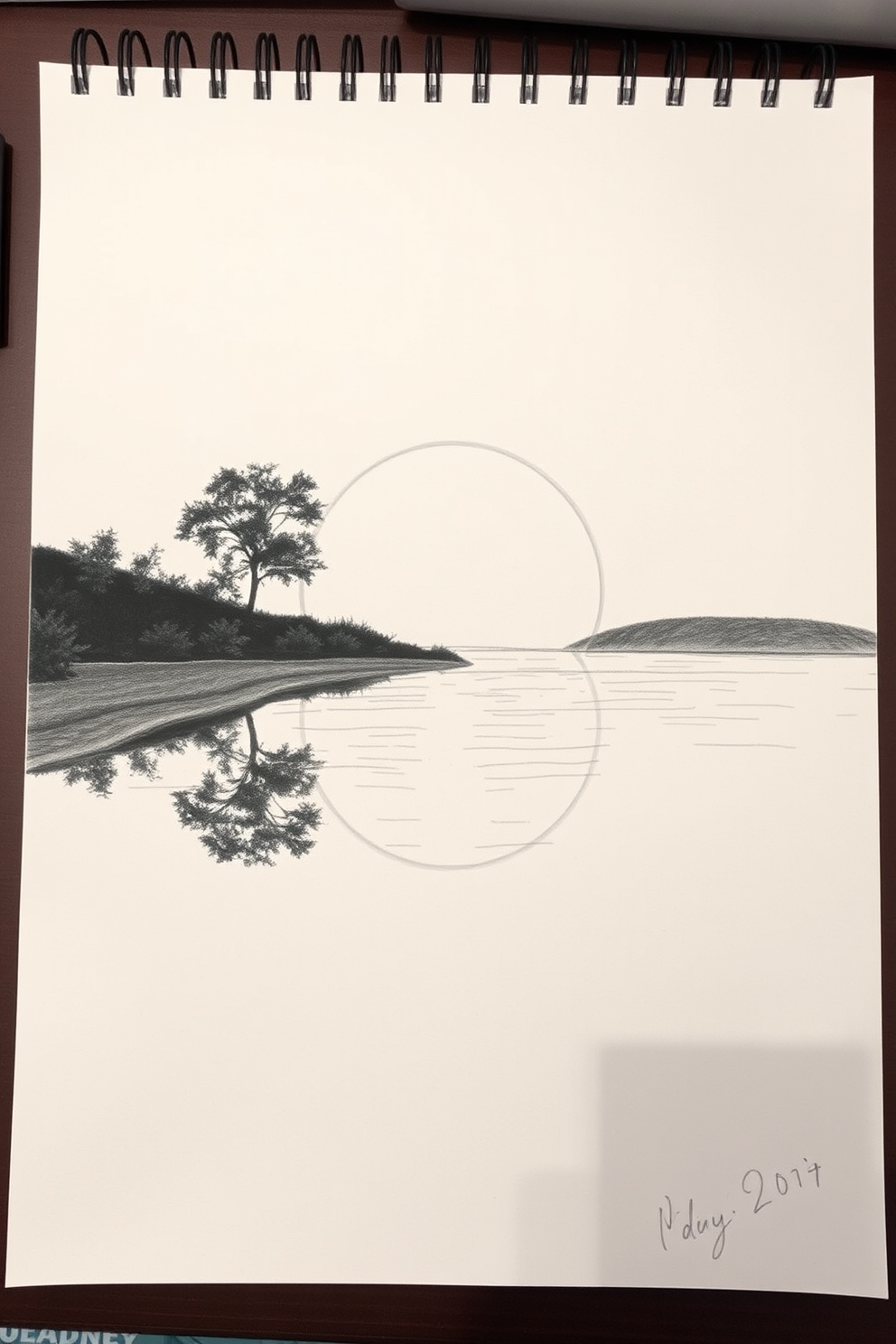 Black and White Sunset Reflection on Water Drawing