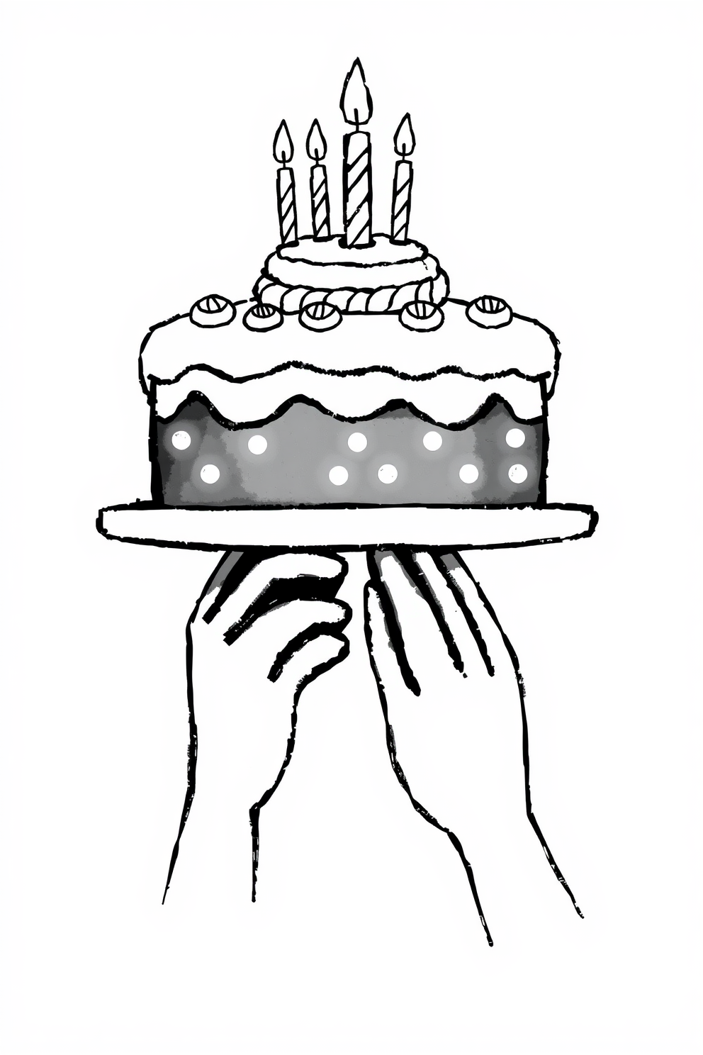 Black and white birthday cake drawing