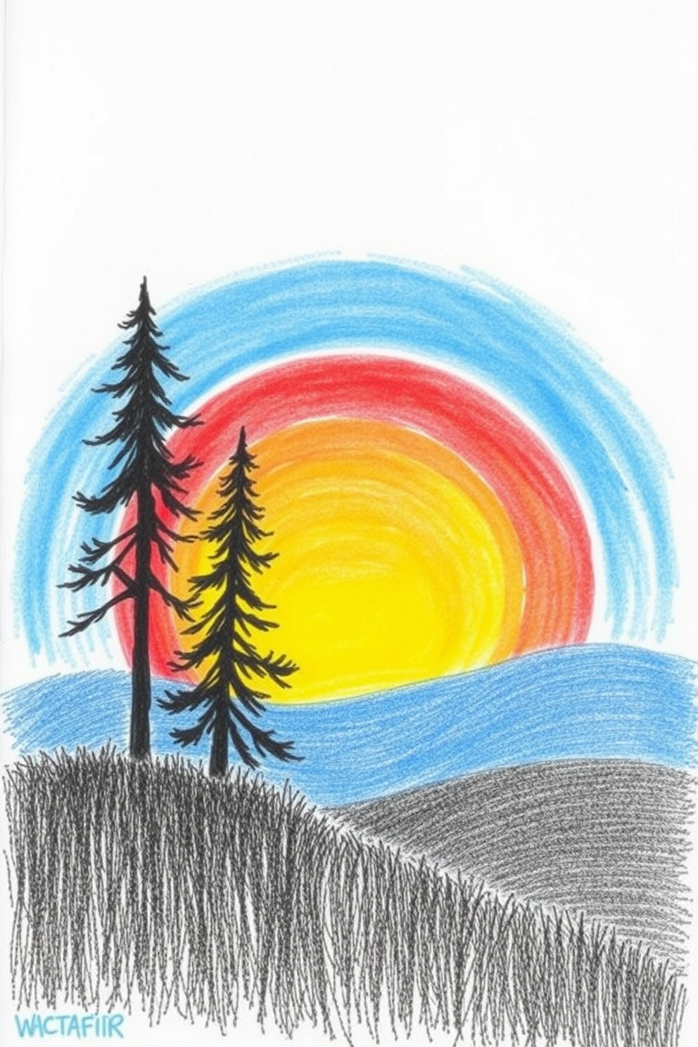 Color Pencil Landscape at Sunset Drawing