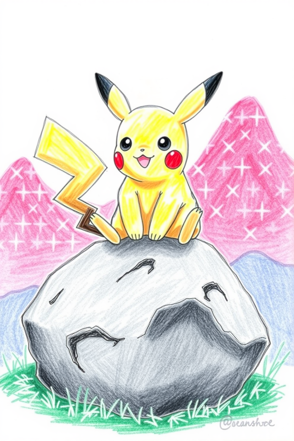 Color Pencil Pikachu Sitting on a Rock Drawing