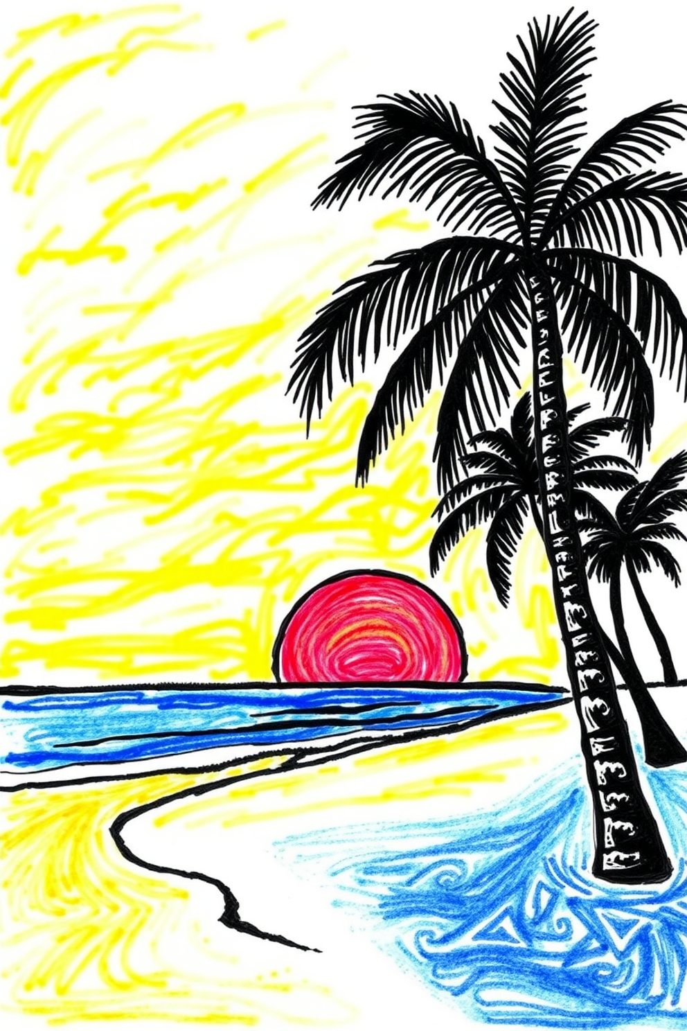 Colorful Beach Sunset with Palm Trees Drawing