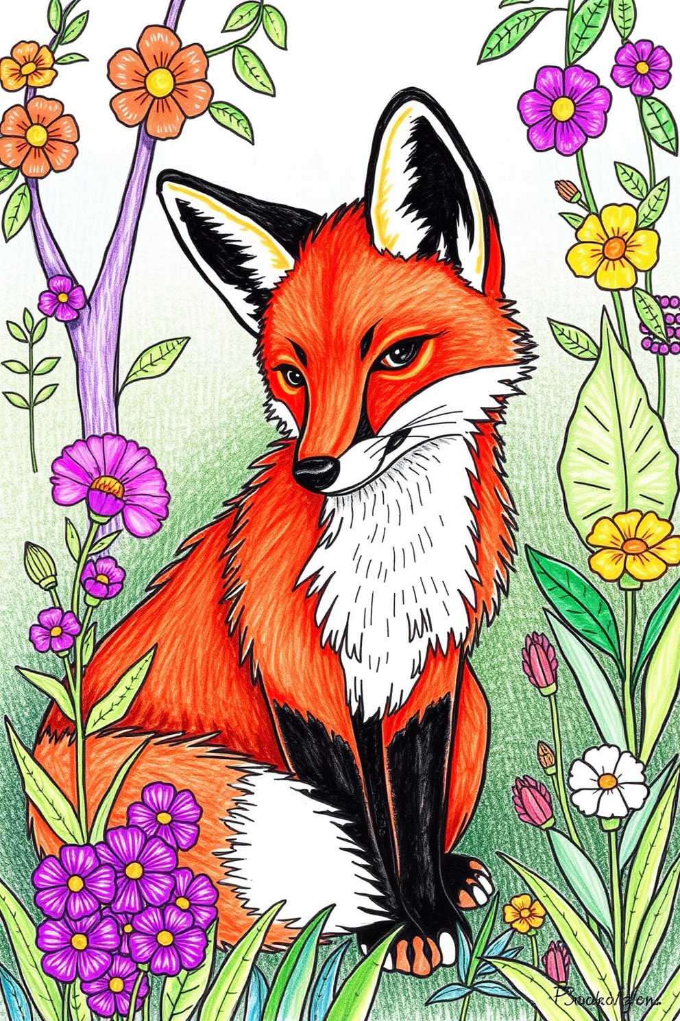 Colorful Fox in a Garden Drawing