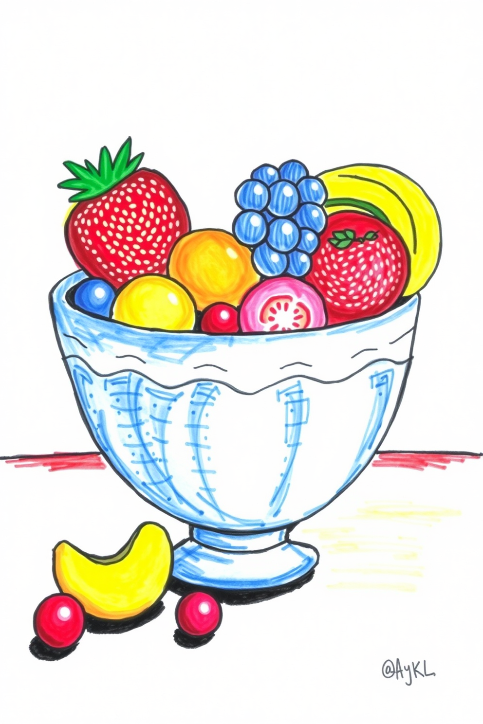 Colorful Fruit Bowl Drawing