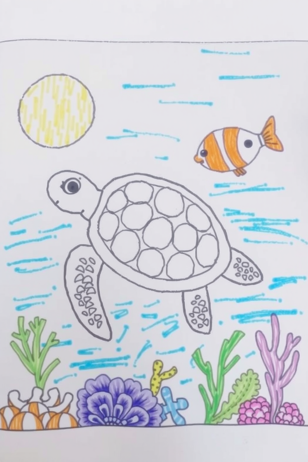 Doodle Sea Turtle with Fish Drawing