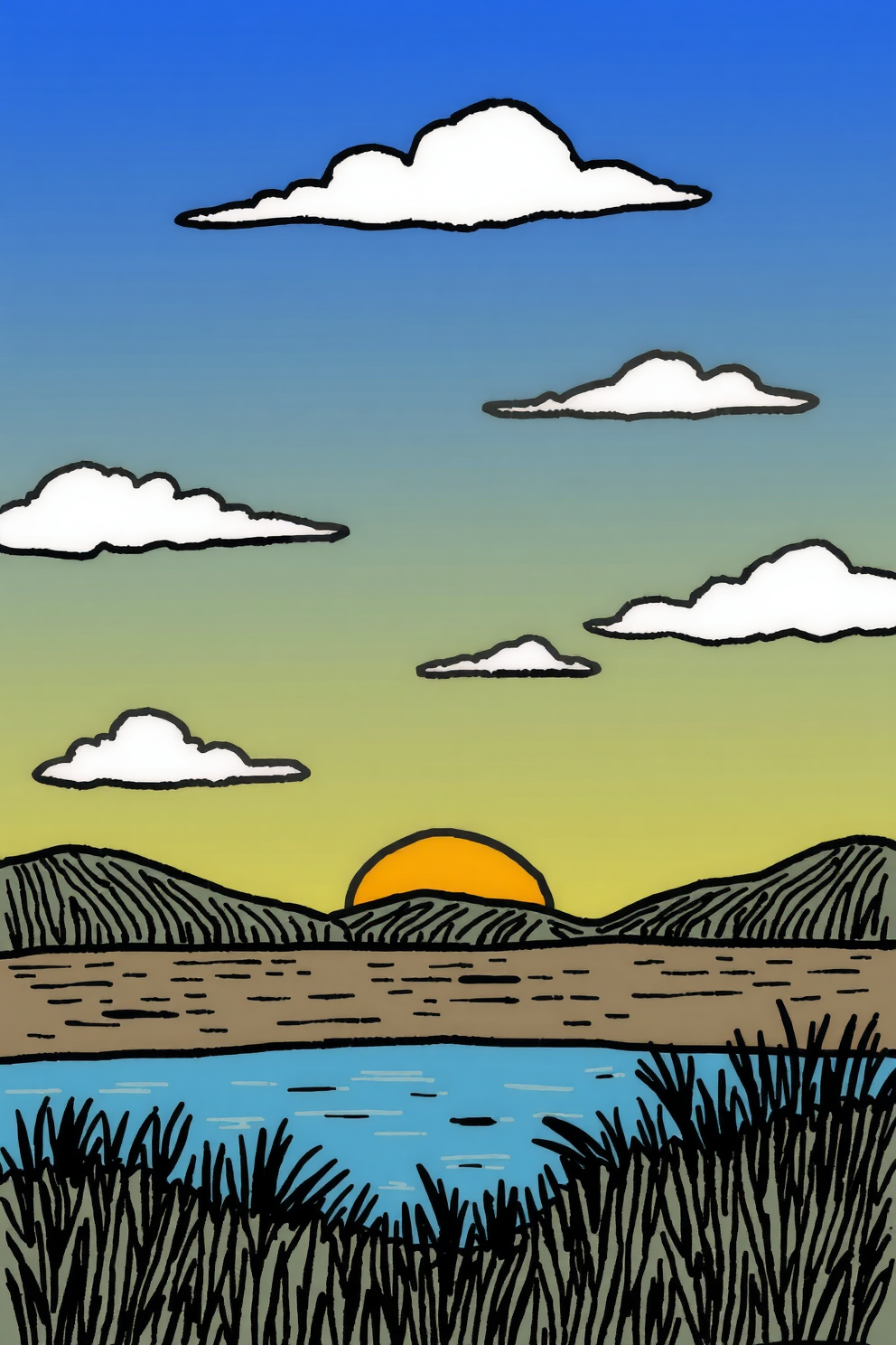 Doodle Sunset with Whimsical Clouds Drawing