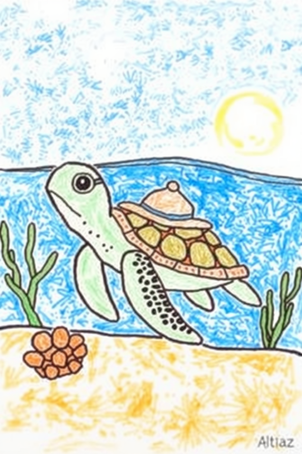 Easy Sea Turtle with a Hat Drawing