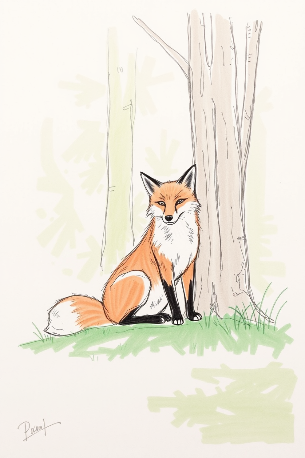 Fox Sketch Drawing in the Forest