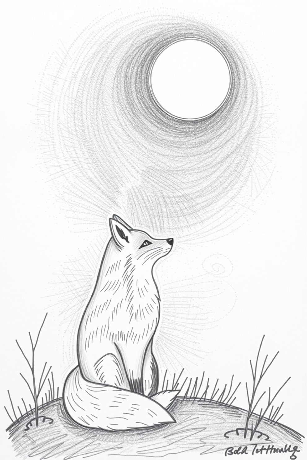 Fox Under the Moon Drawing