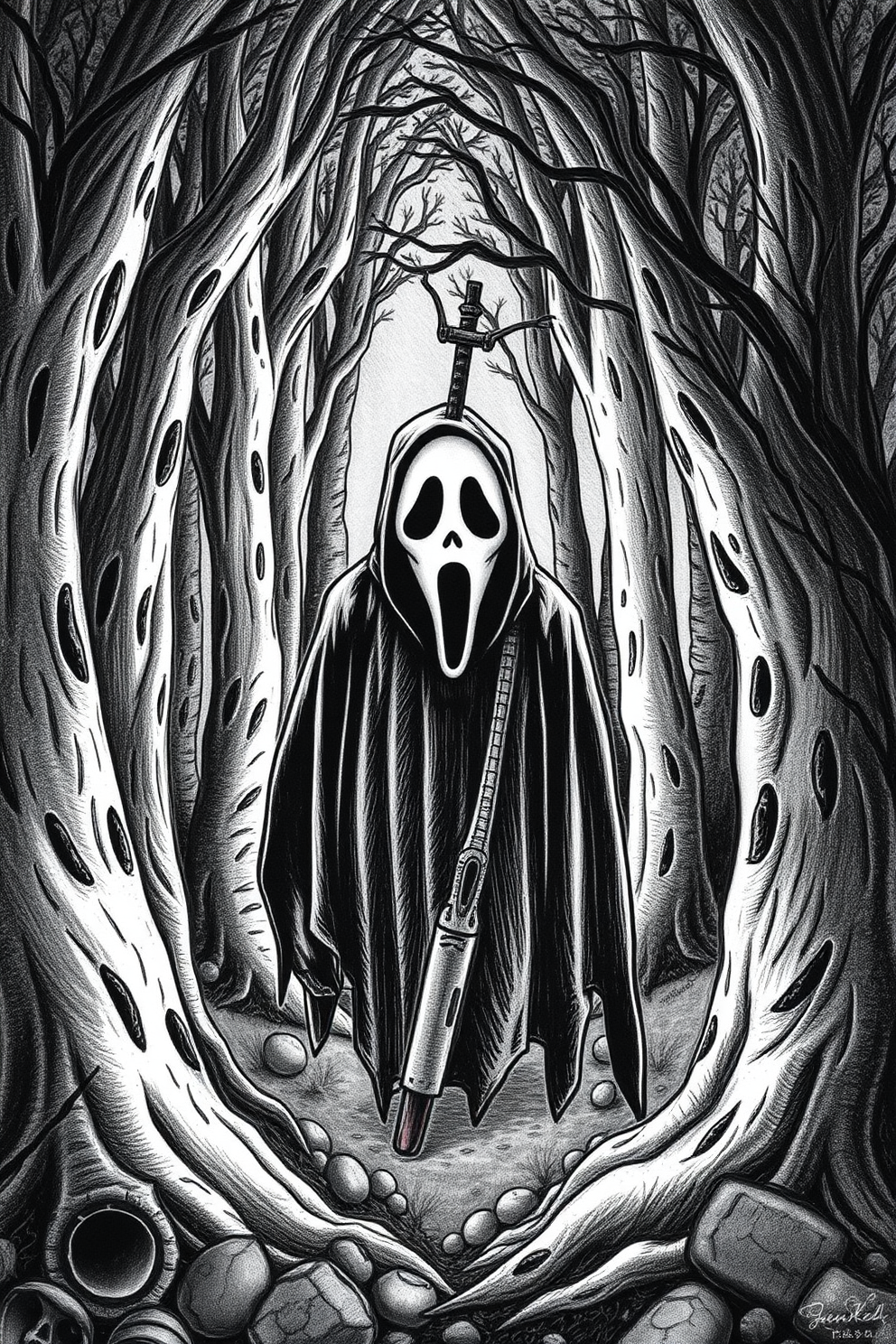 Ghostface in a spooky forest drawing