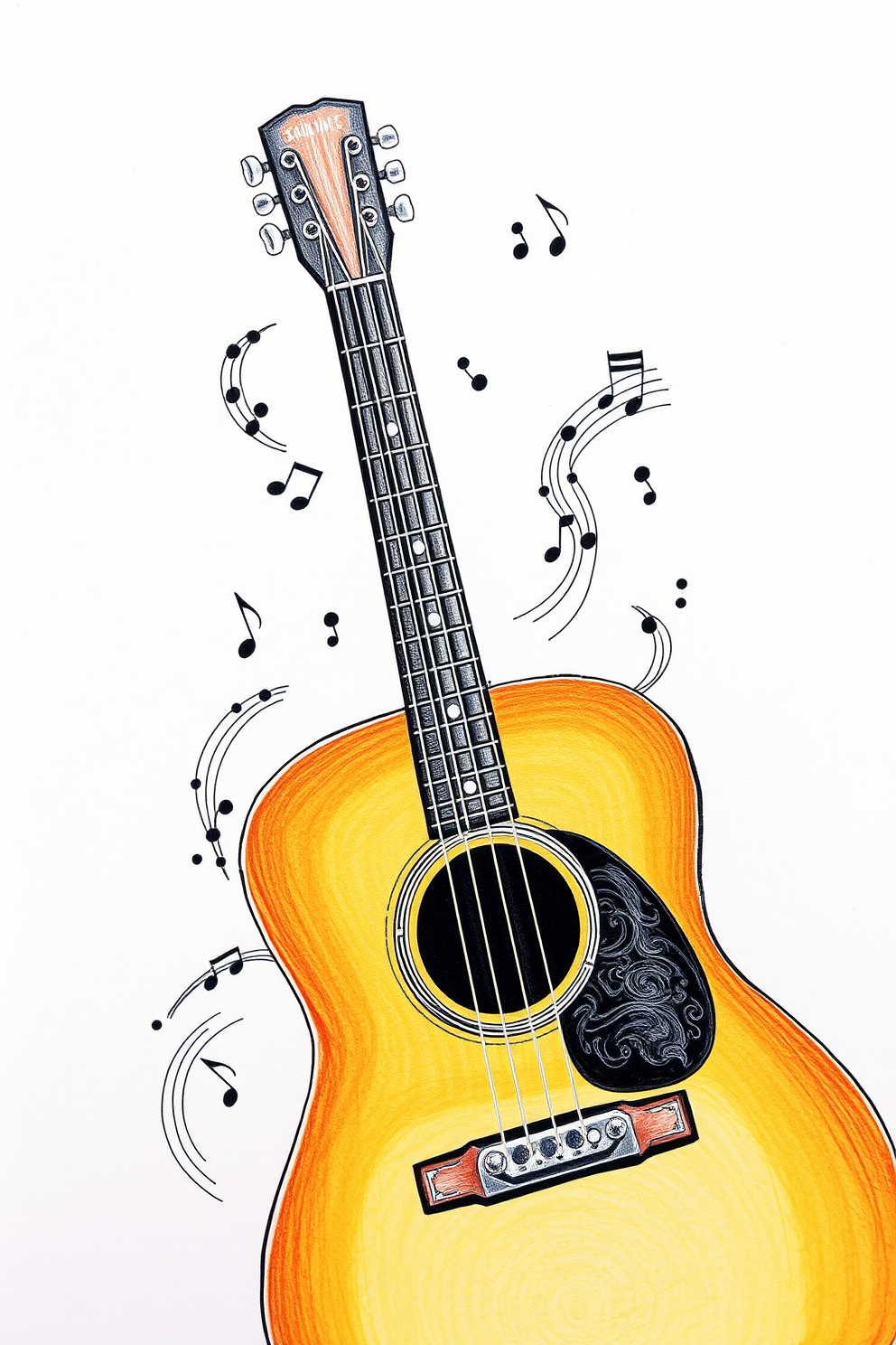 Guitar with musical notes drawing