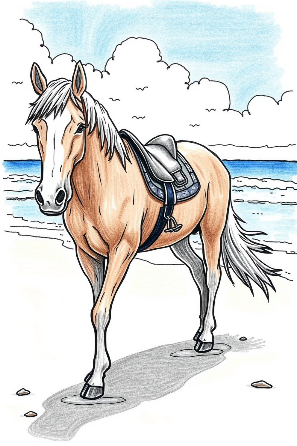 Horse on a beach drawing