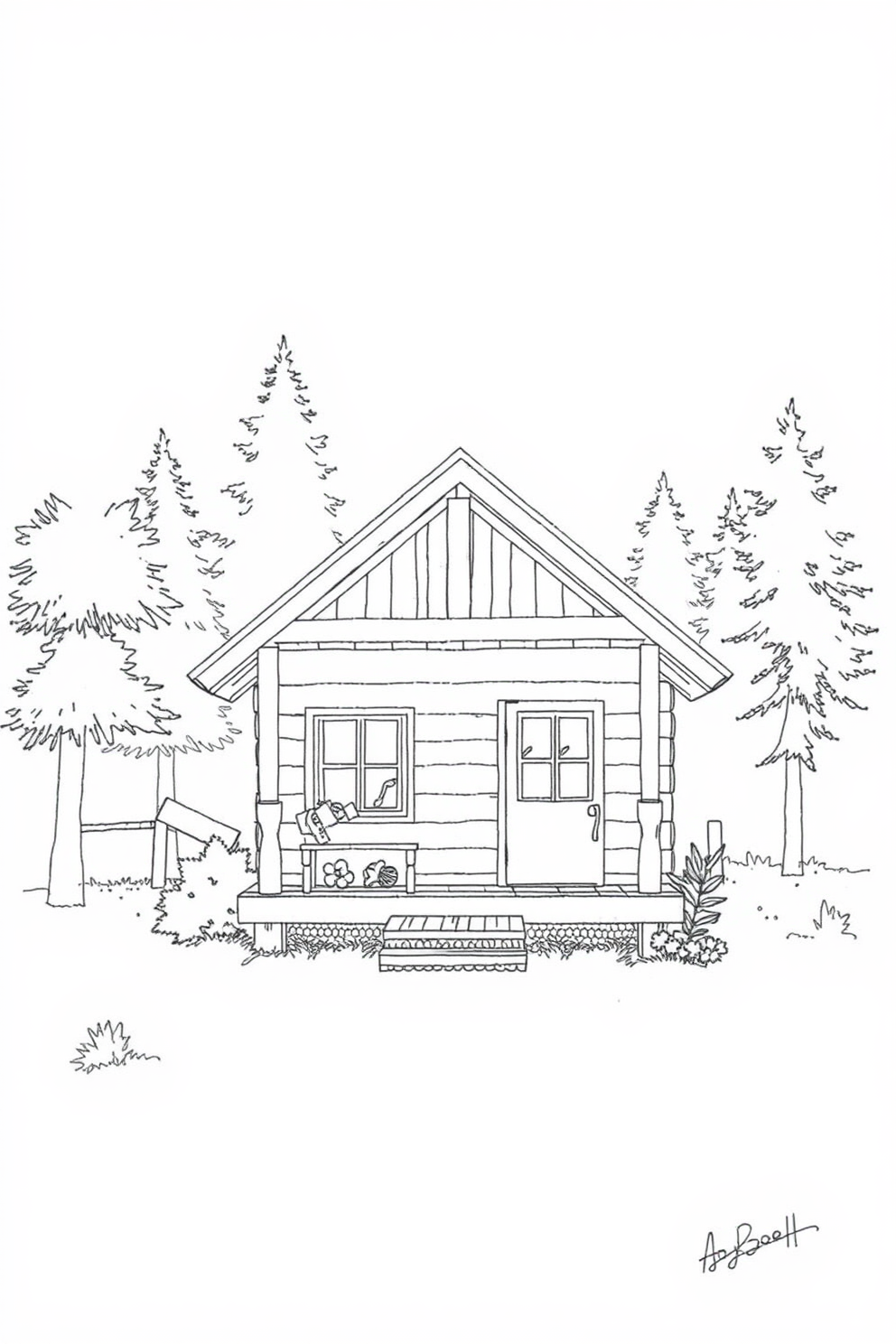 Line Drawing of a Cozy Cabin