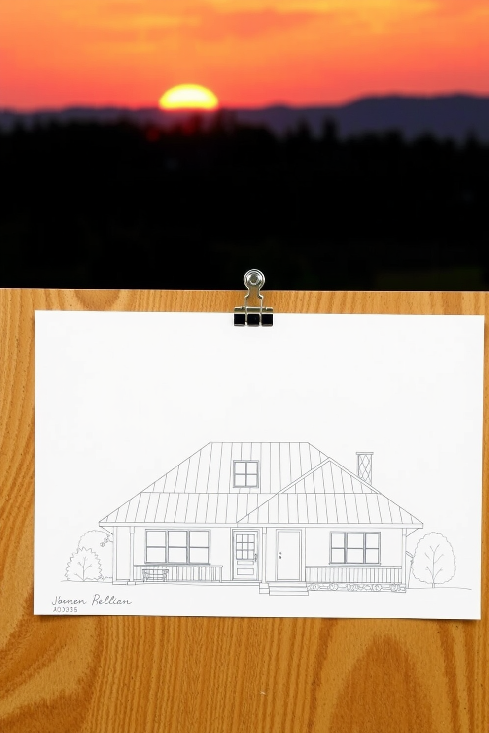 Line Drawing of a House Against the Sunset Drawing