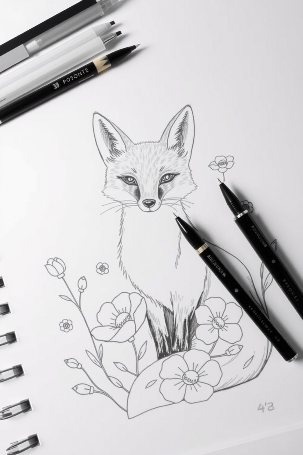 Monoline Fox with Flowers Drawing