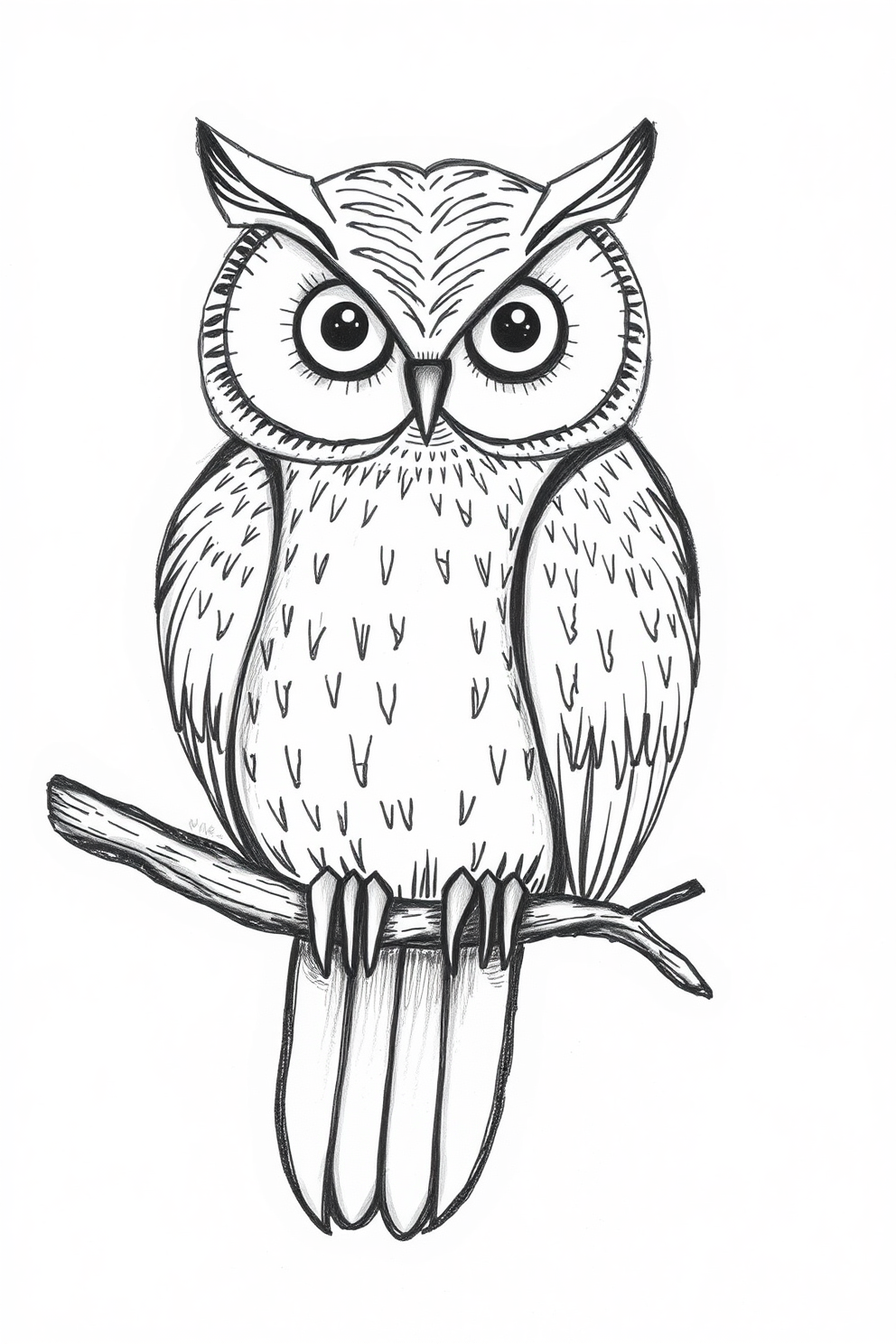 Owl Sitting on a Branch Drawing