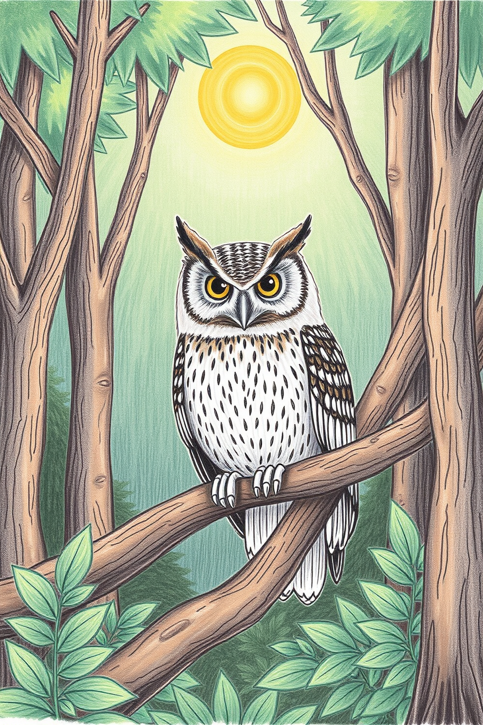 Owl in a Forest Drawing