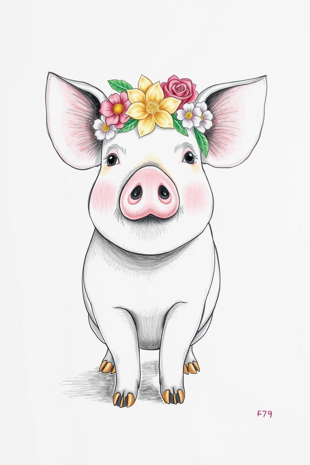 Pig with a Flower Crown Drawing