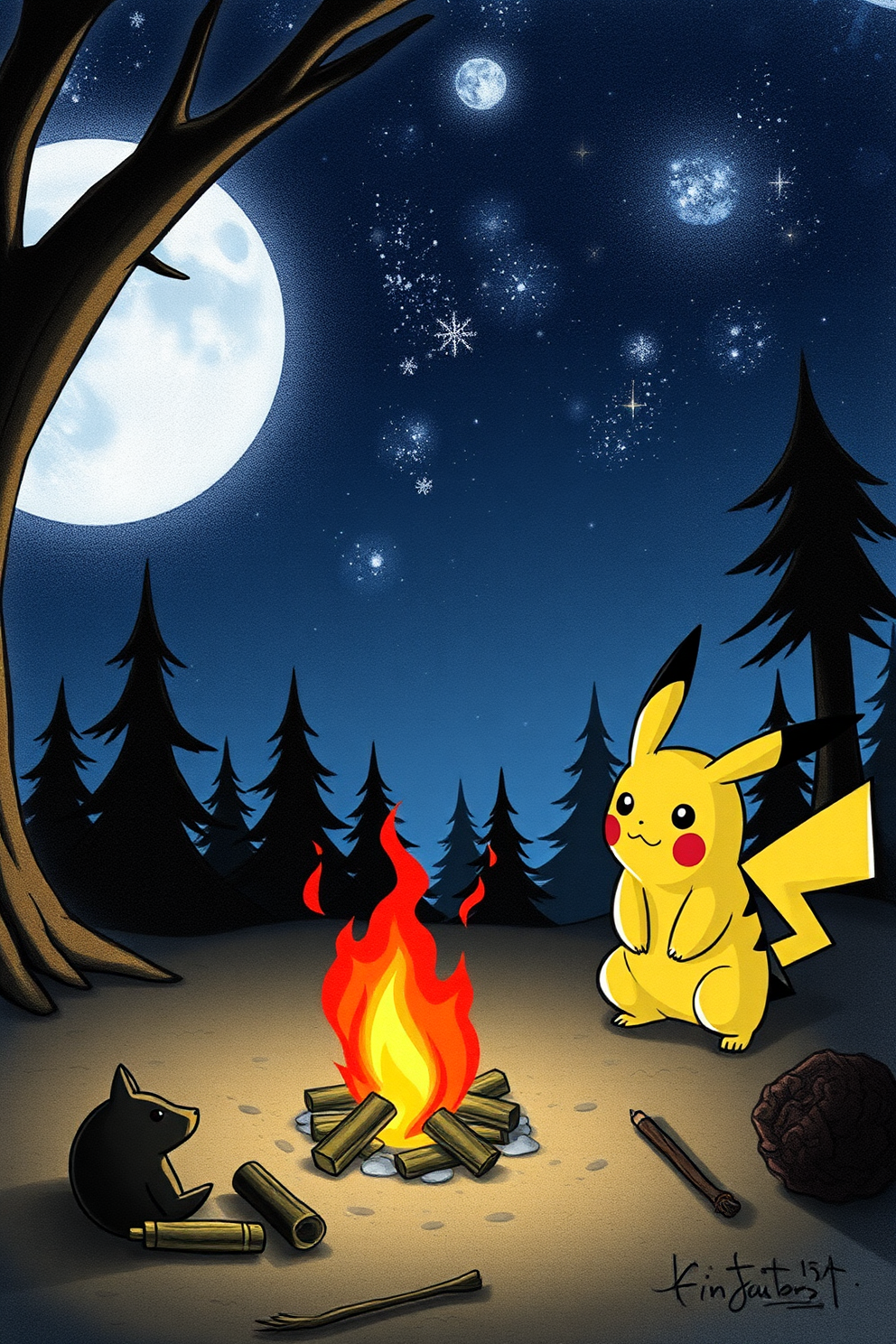 Pikachu by a Campfire Drawing