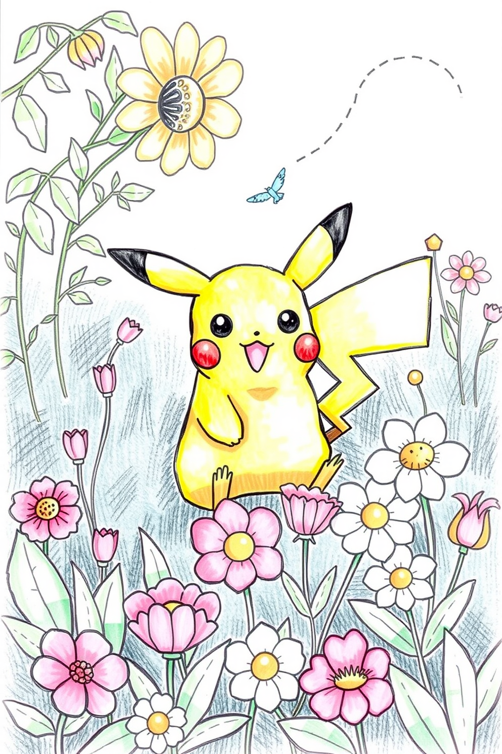 Pikachu in a Flower Garden Drawing