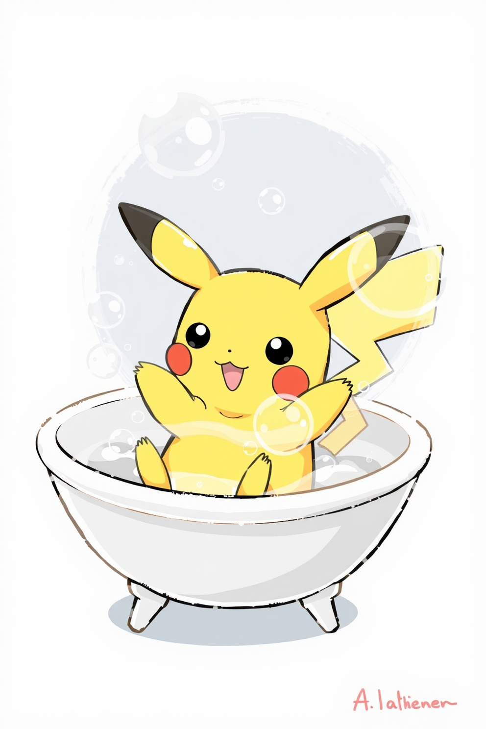 Playful Pikachu in a Bubble Bath Drawing