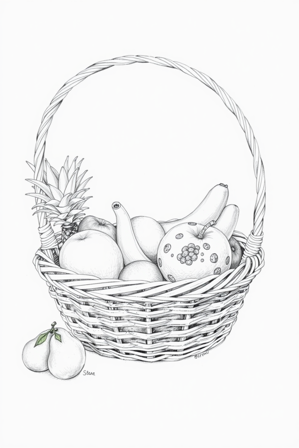 Realistic Fruit Basket Drawing