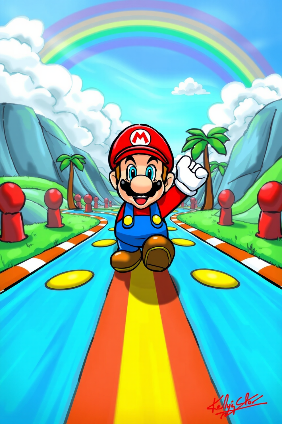 Realistic Mario in Rainbow Road Drawing