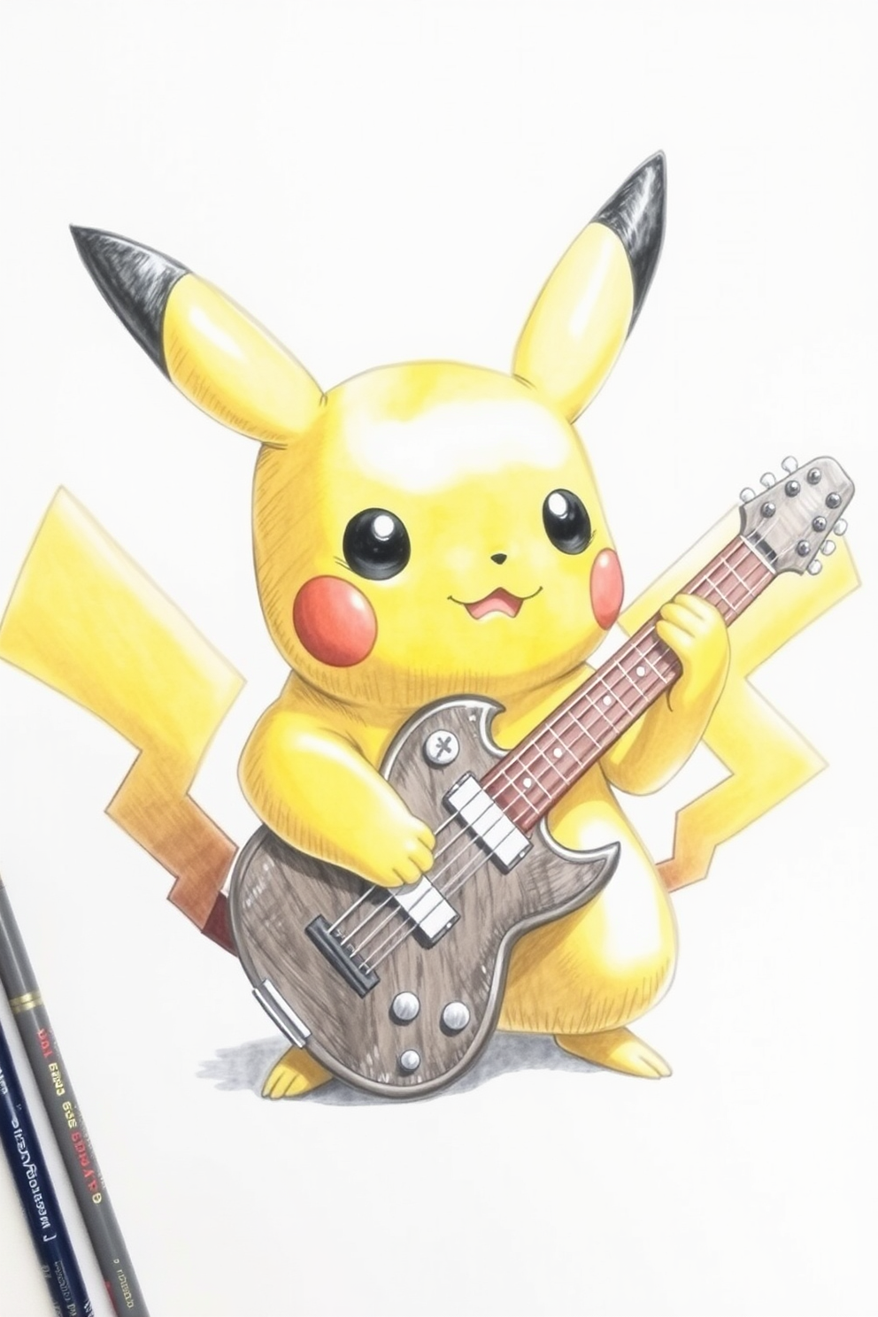 Realistic Pikachu with a Guitar Drawing