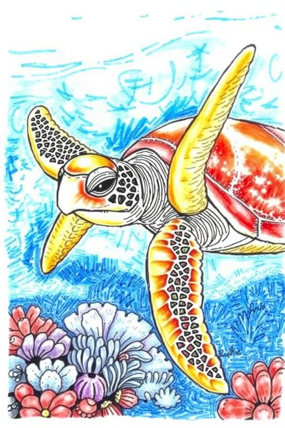 Realistic Sea Turtle on the Ocean Floor Drawing