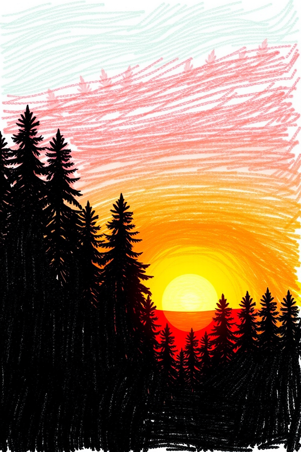 Realistic Sunset Behind a Forest Drawing