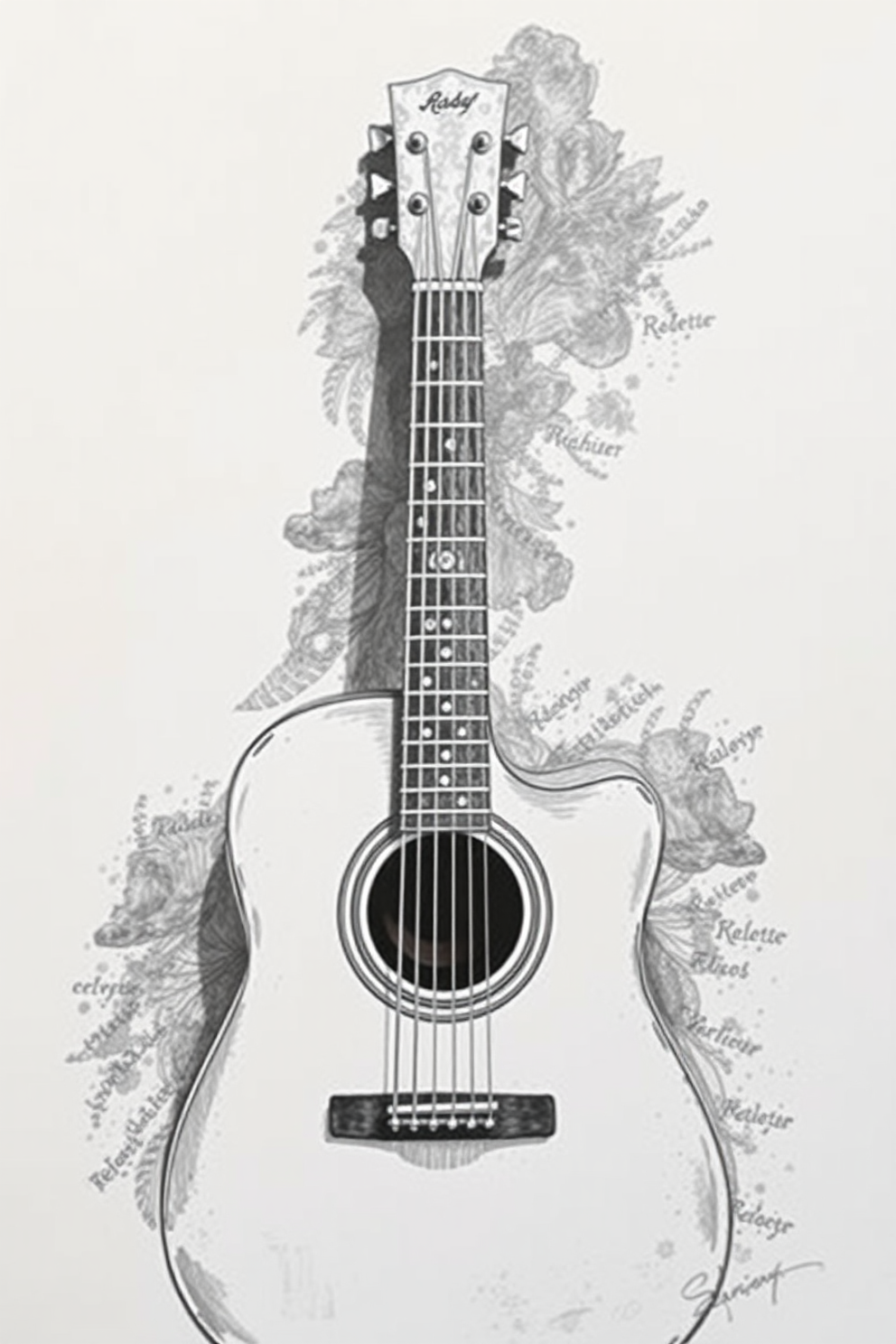 Realistic acoustic guitar drawing