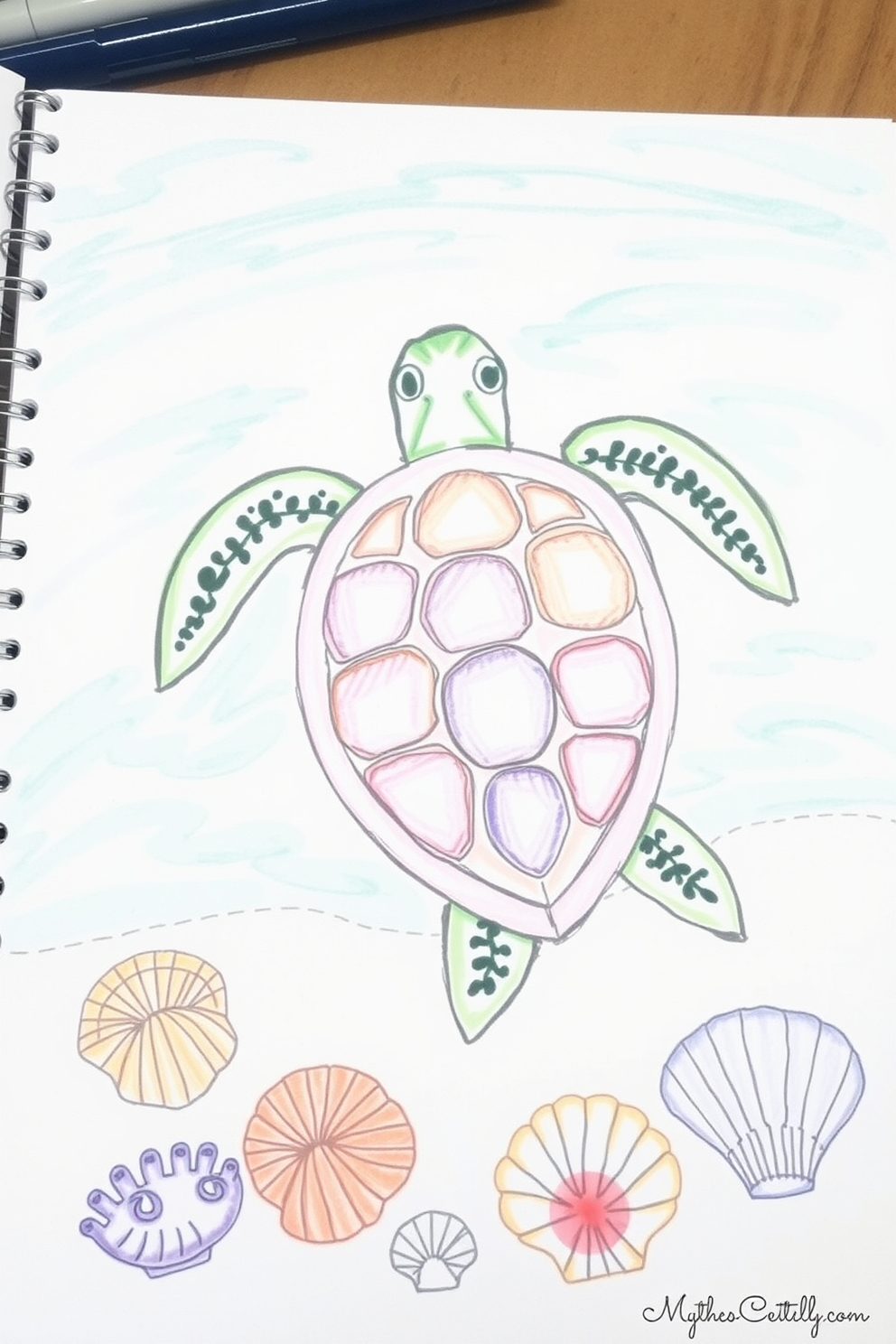 Sea Turtle and Seashells Drawing