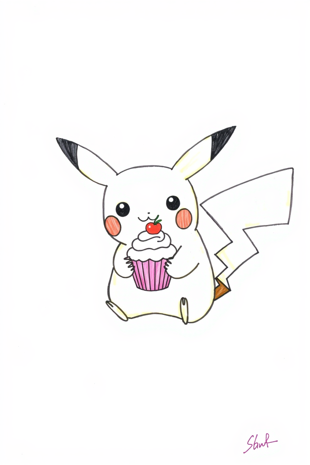 Simple Pikachu with a Cupcake Drawing