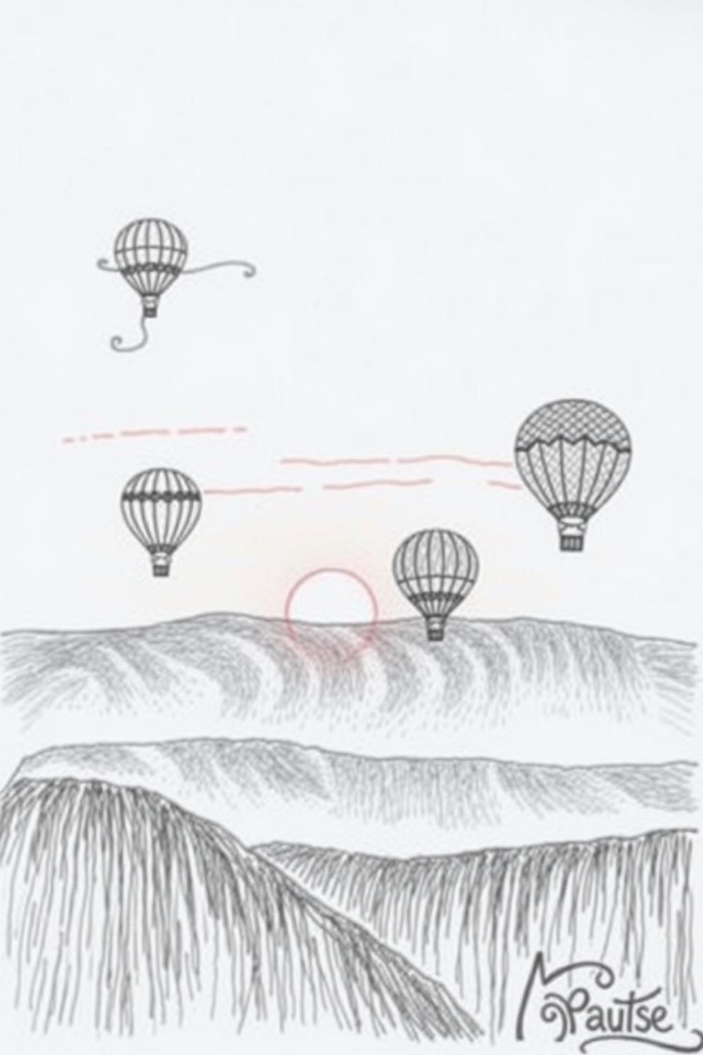 Sunset with Hot Air Balloons Drawing