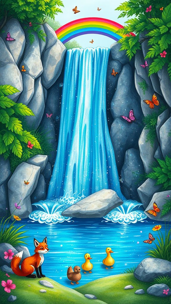 charming animal themed waterfall illustration