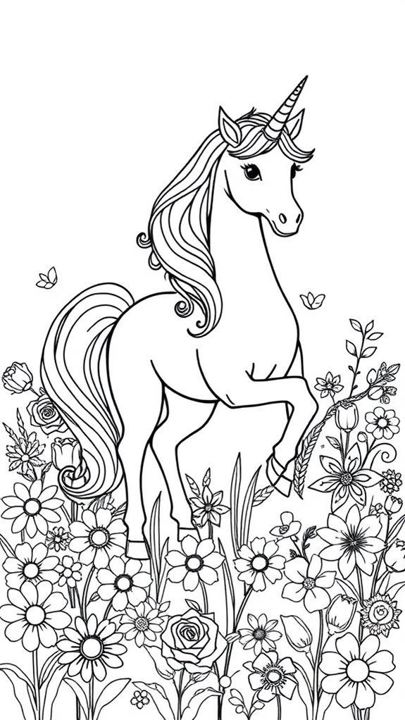 coloring page unicorn flowers