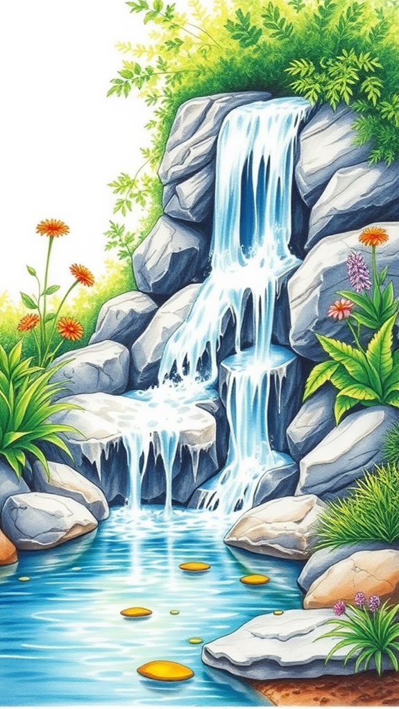 garden waterfall illustration scene