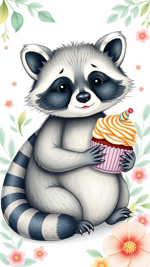 raccoon holding cupcake illustration