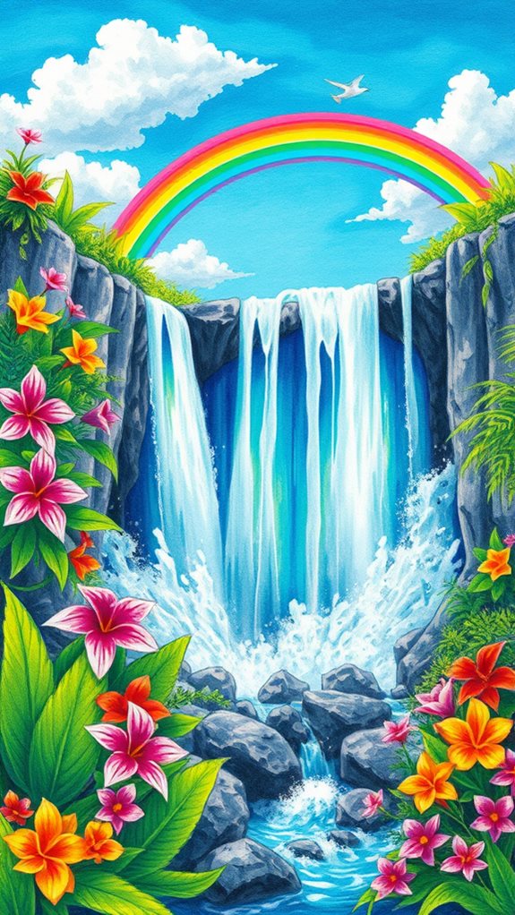 vibrant waterfall landscape illustration