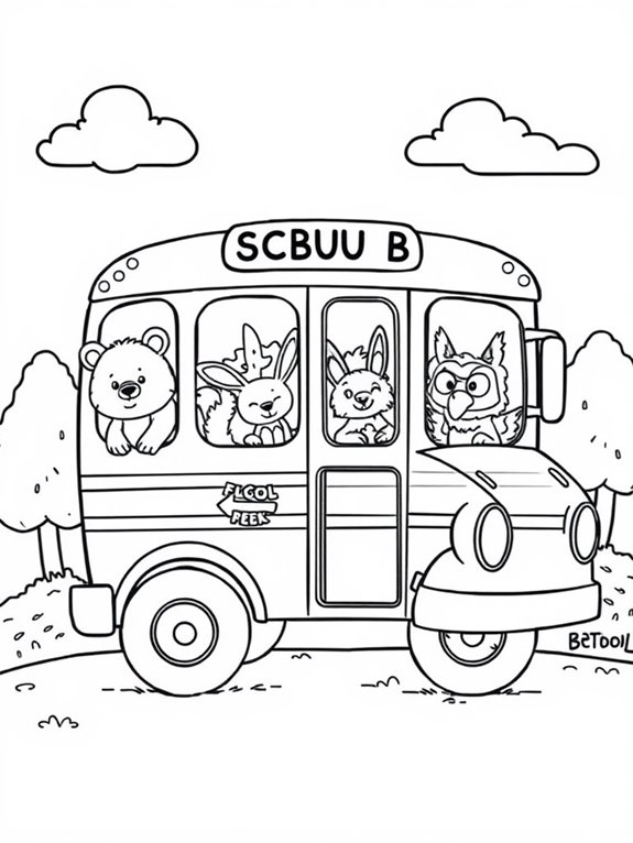 animal themed school bus coloring