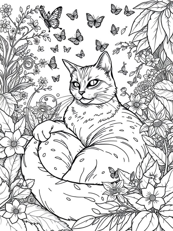 calm feline among flowers