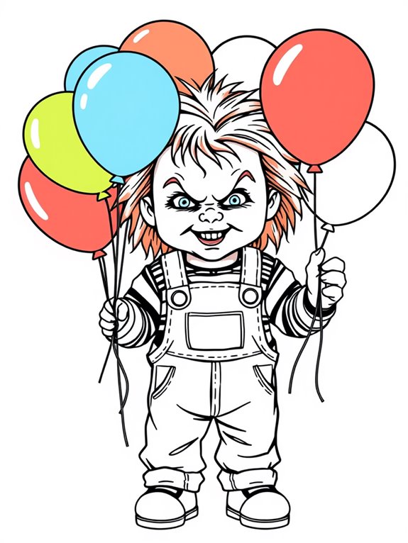 chucky holding colorful balloons