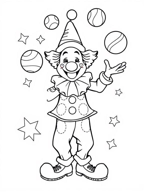 clown juggling colorful objects