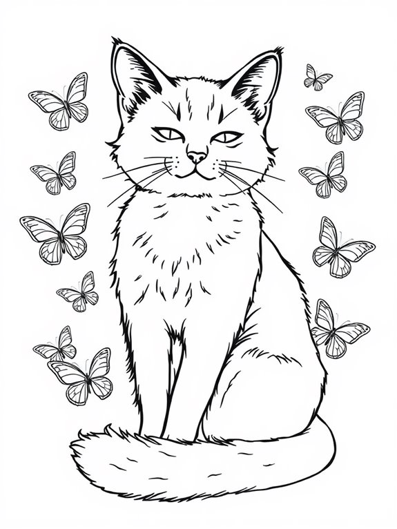 coloring page cat butterflies