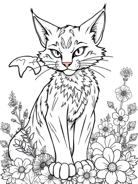 fierce feline surrounded by blooms