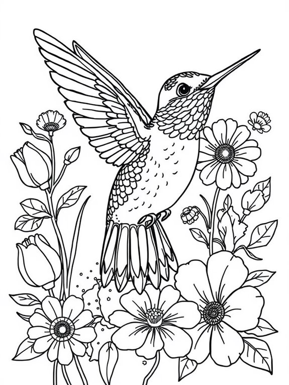 hummingbird surrounded by flowers